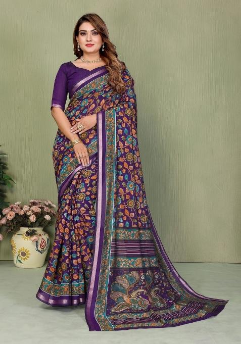 Violet Printed Cotton Saree Set