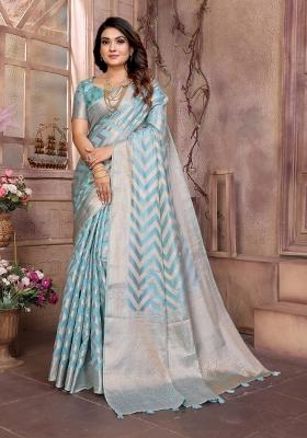 Blue Blended Organza Saree Set