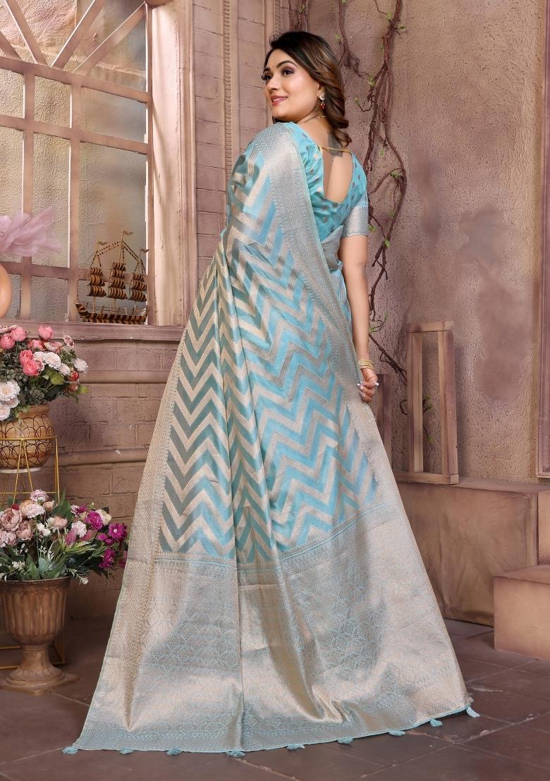 Blue Blended Organza Saree Set - Indya