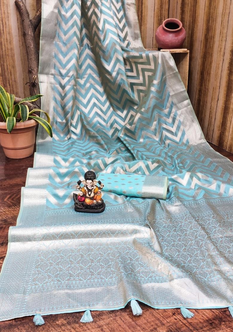 Blue Blended Organza Saree Set - Indya