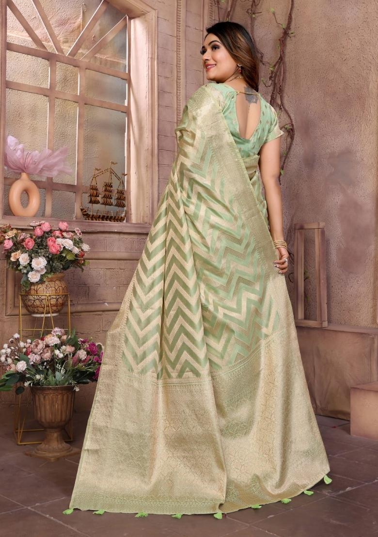 Green Blended Organza Saree Set - Indya