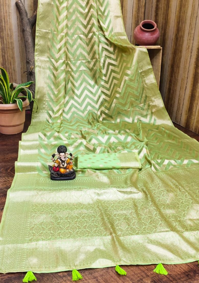 Green Blended Organza Saree Set - Indya