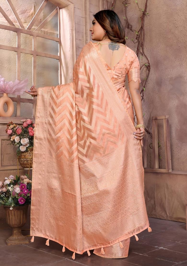 Peach Blended Organza Saree Set - Indya