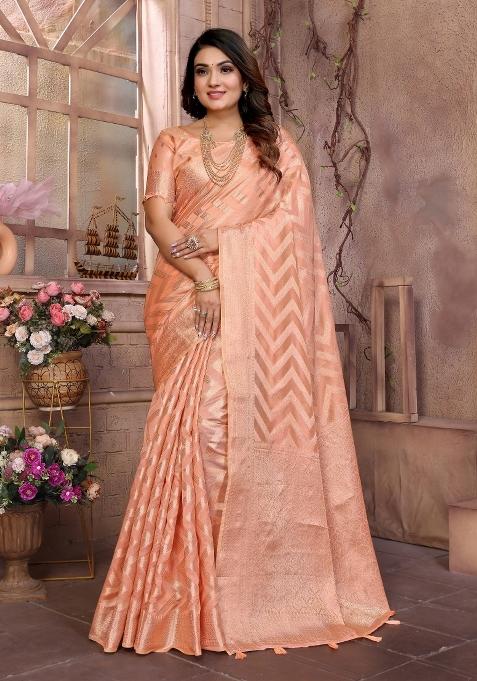 Peach Blended Organza Saree Set