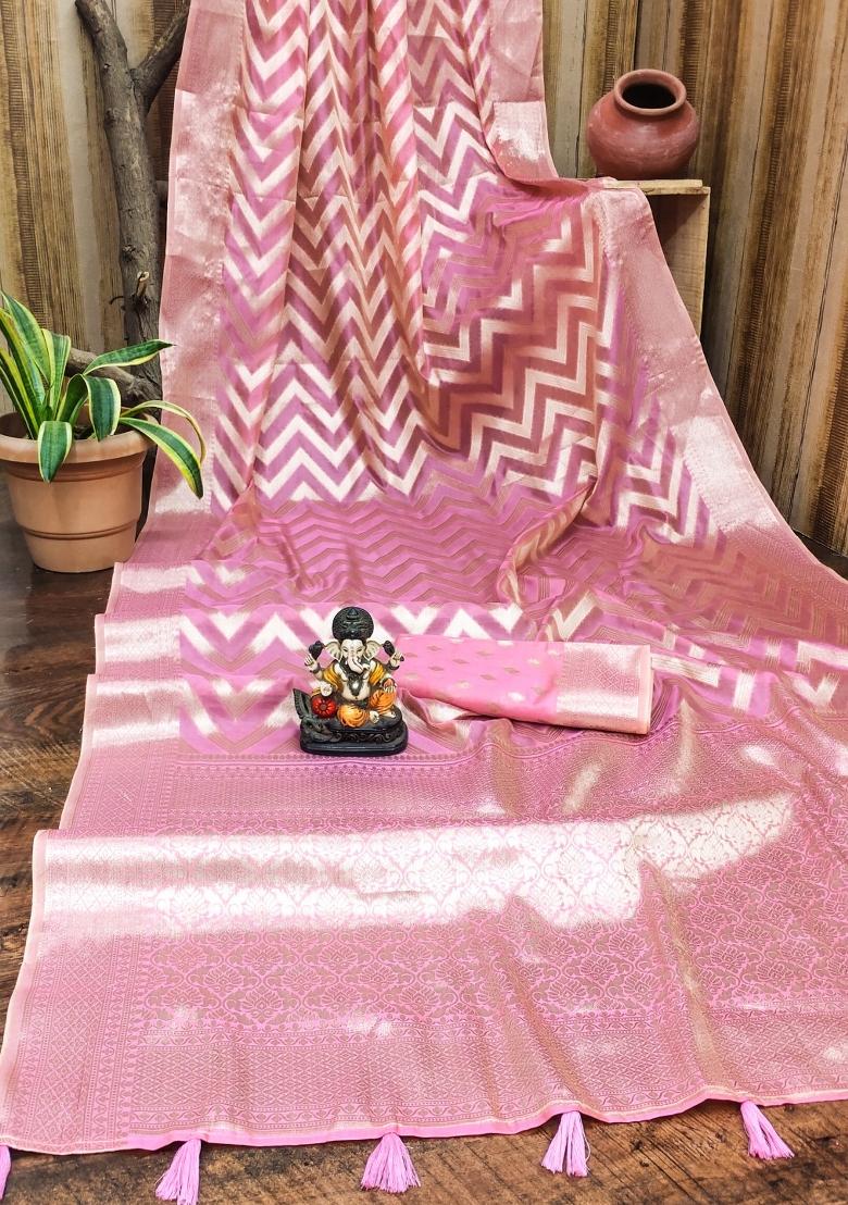 Pink Blended Organza Saree Set - Indya