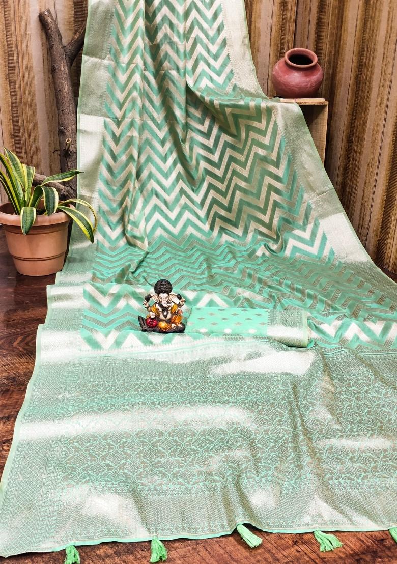 Sea Green Blended Organza Saree Set - Indya
