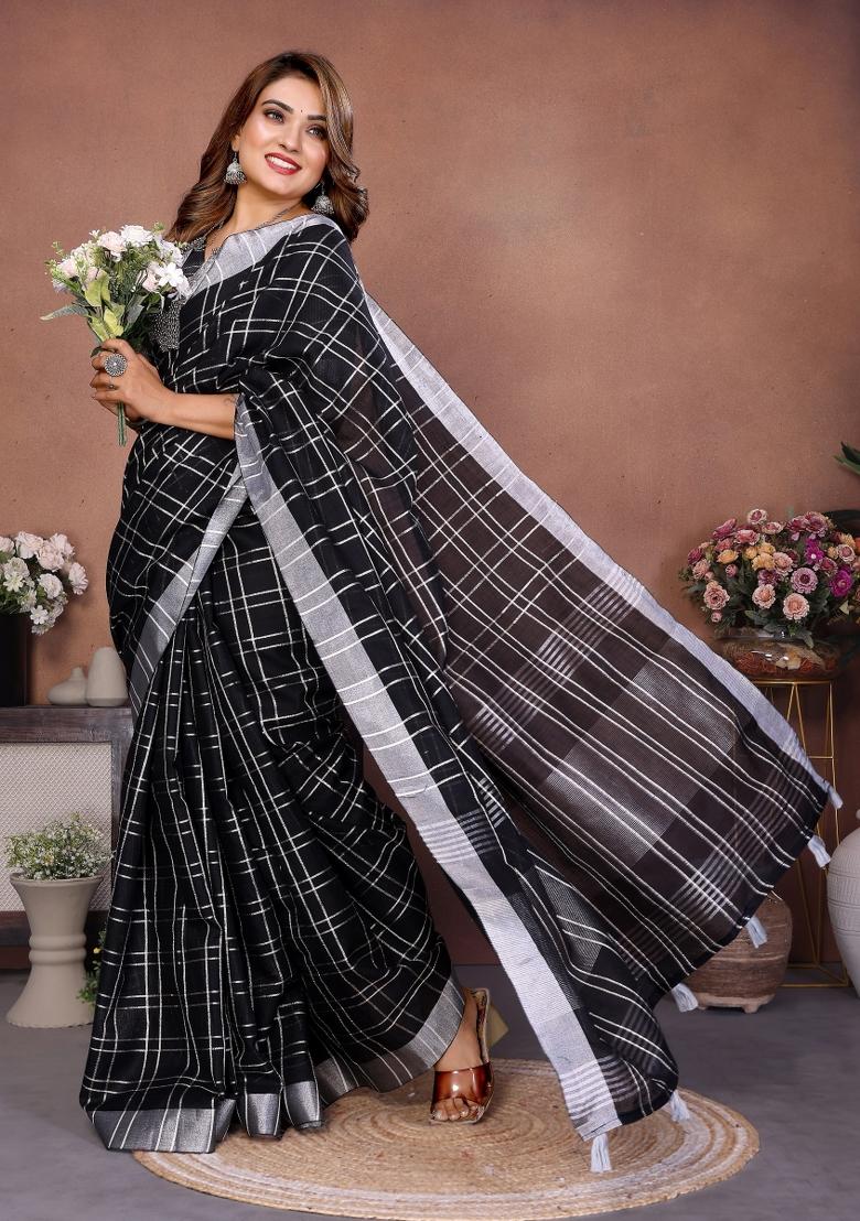 Black Blended Linen Saree Set - Indya