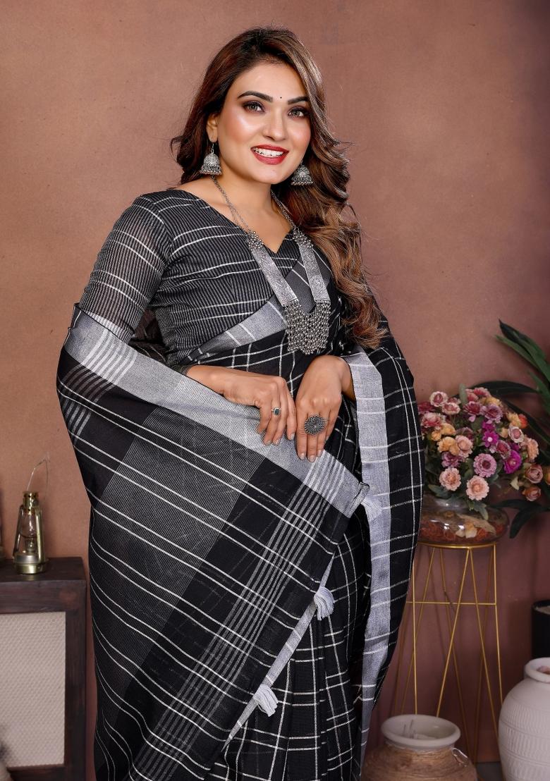 Black Blended Linen Saree Set - Indya