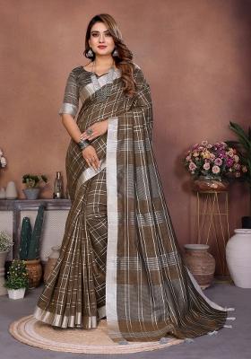 Brown Blended Linen Saree Set