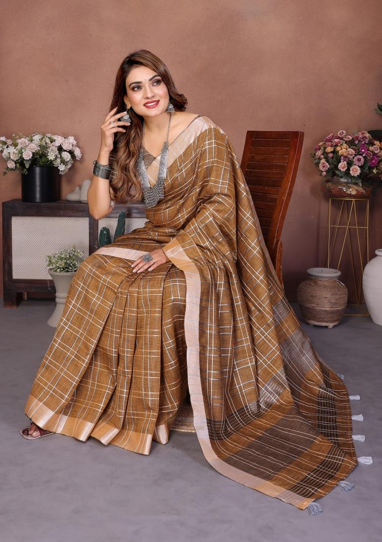 Coffee Blended Linen Saree Set - Indya