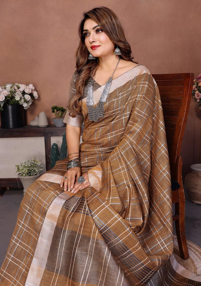 Coffee Blended Linen Saree Set - Indya