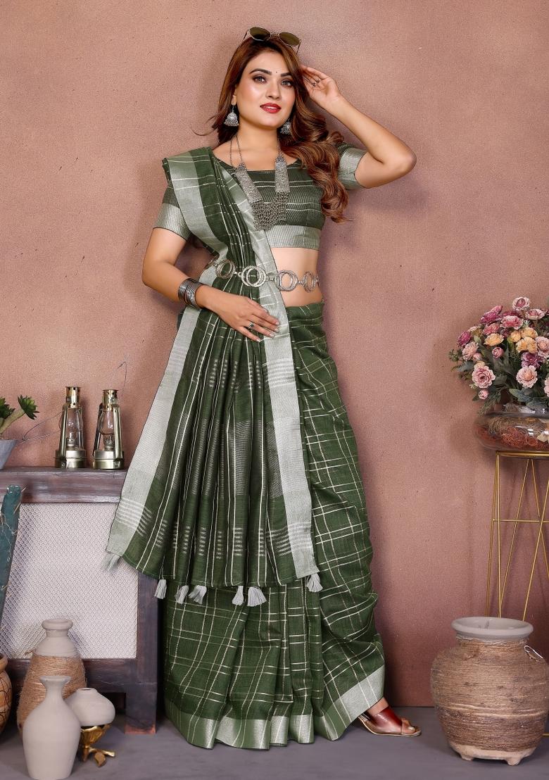 Green Blended Linen Saree Set - Indya
