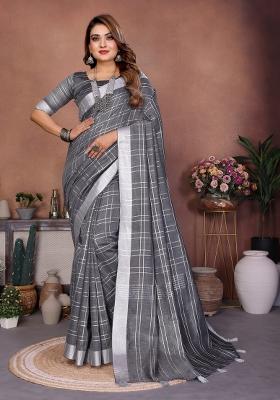 Grey Blended Linen Saree Set