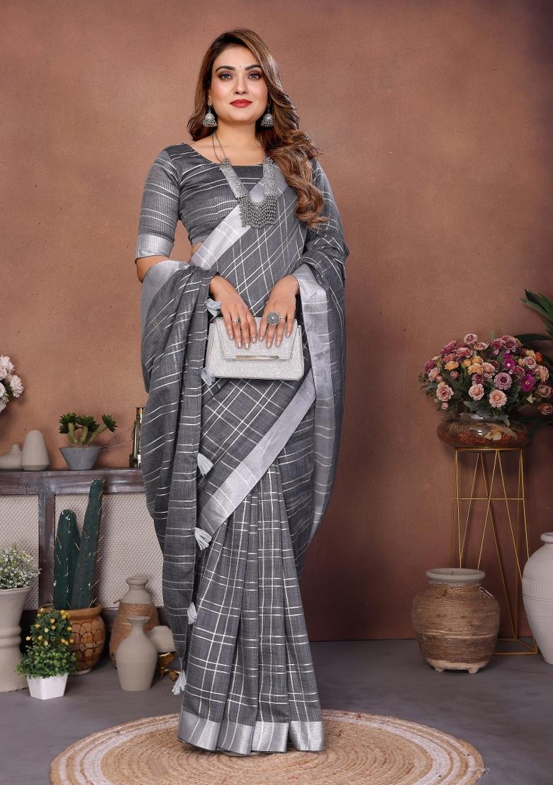 Grey Blended Linen Saree Set - Indya
