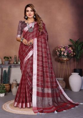 Maroon Blended Linen Saree Set