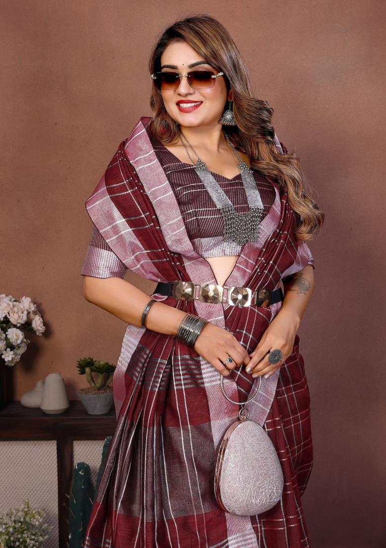 Maroon Blended Linen Saree Set - Indya