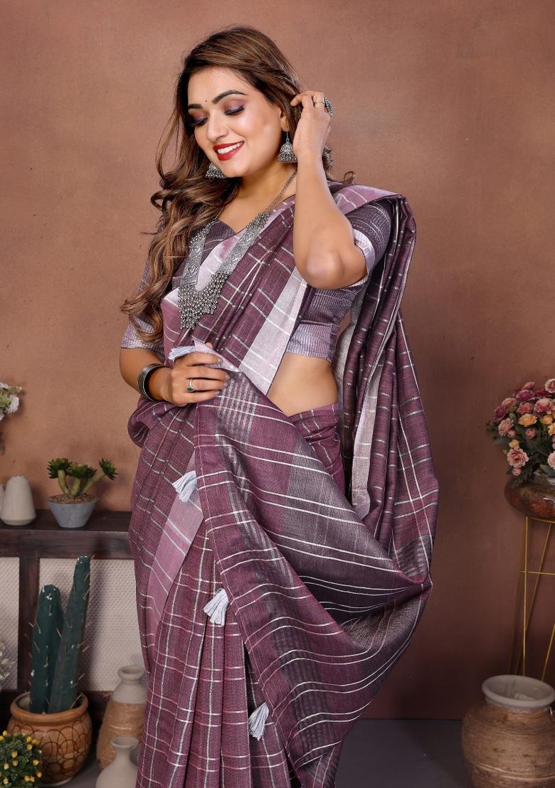Purple Blended Linen Saree Set - Indya