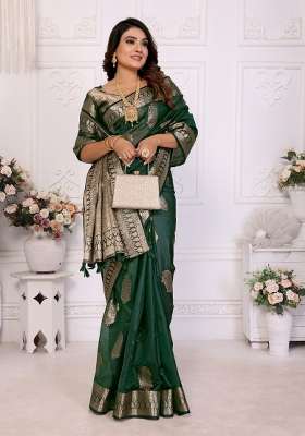 Dark Green Blended Organza Saree Set for Diwali and Festive Wear