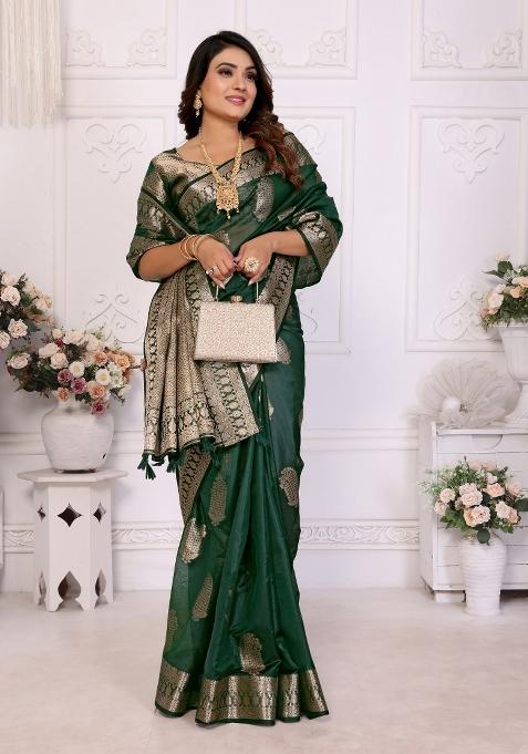 Dark Green Blended Organza Saree Set