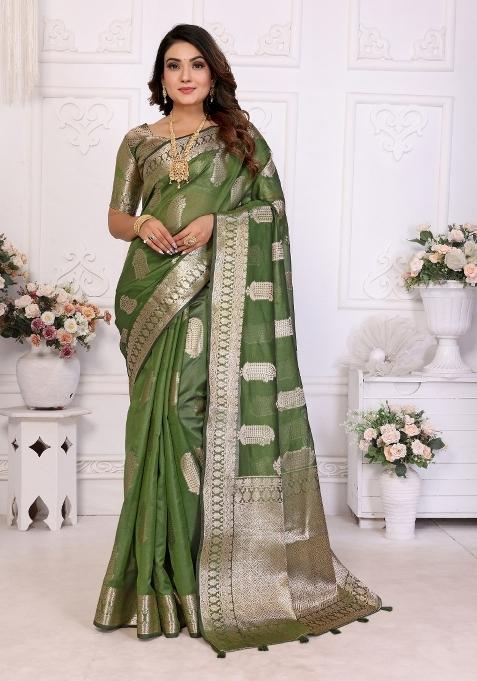 Green Blended Organza Saree Set