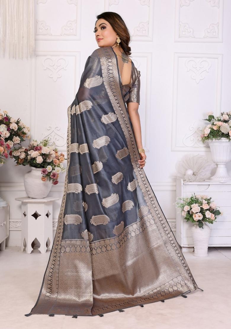 Grey Blended Organza Saree Set - Indya