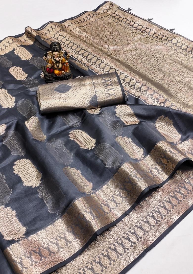 Grey Blended Organza Saree Set - Indya
