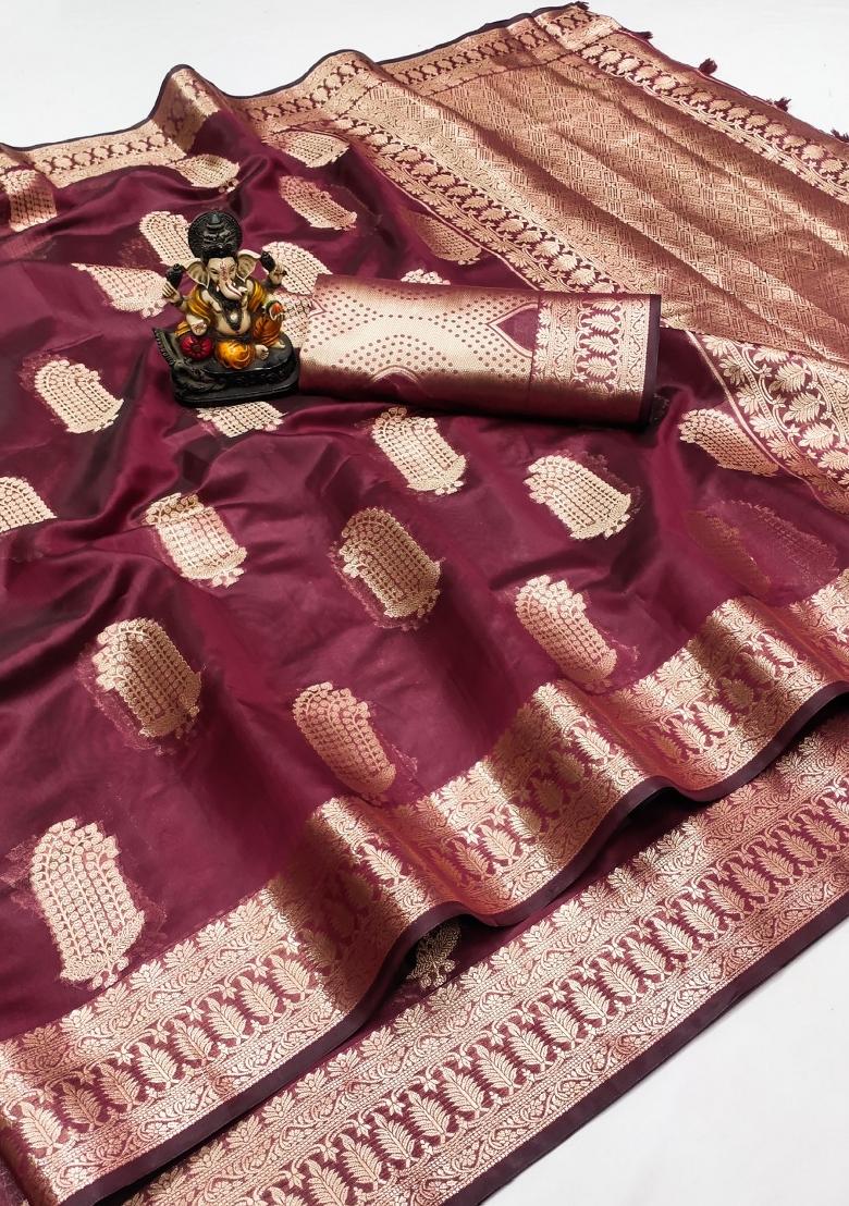 Maroon Blended Organza Saree Set - Indya