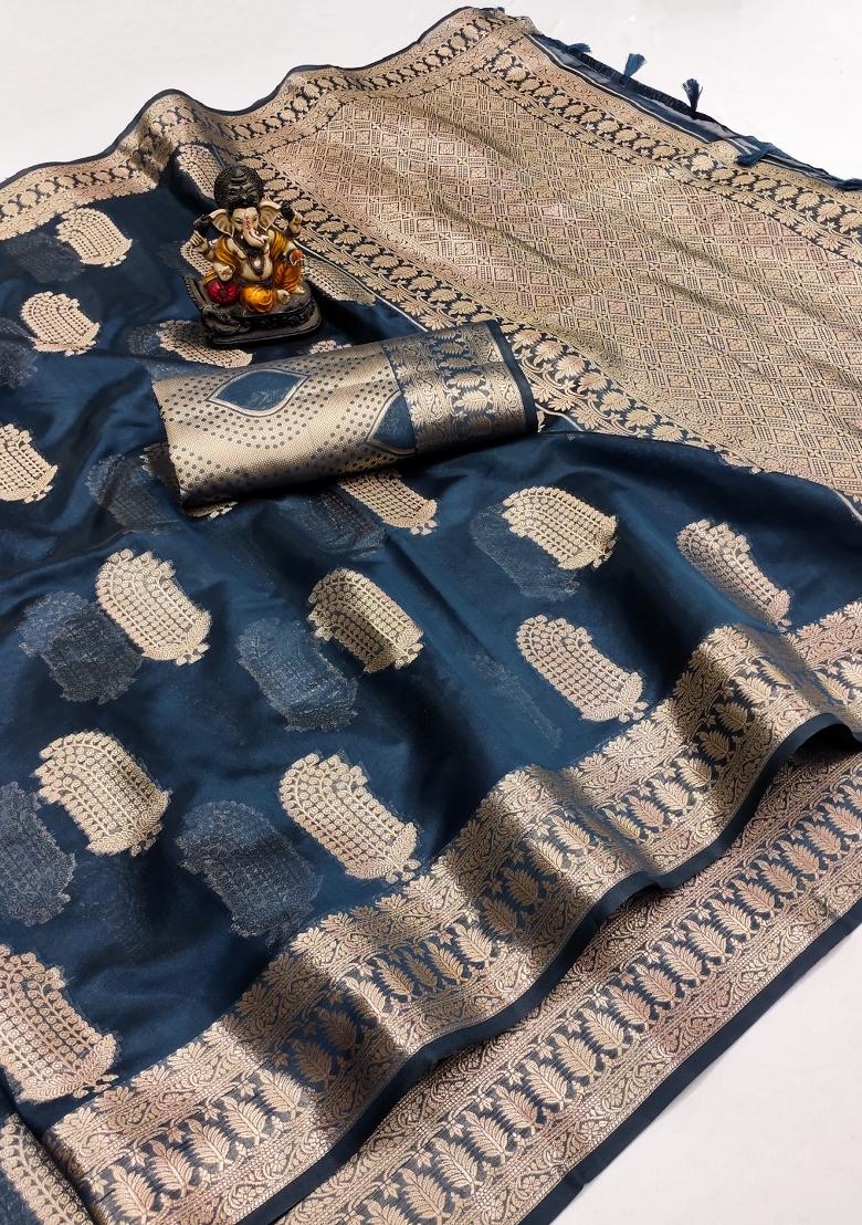 Navy Blue Blended Organza Saree Set - Indya