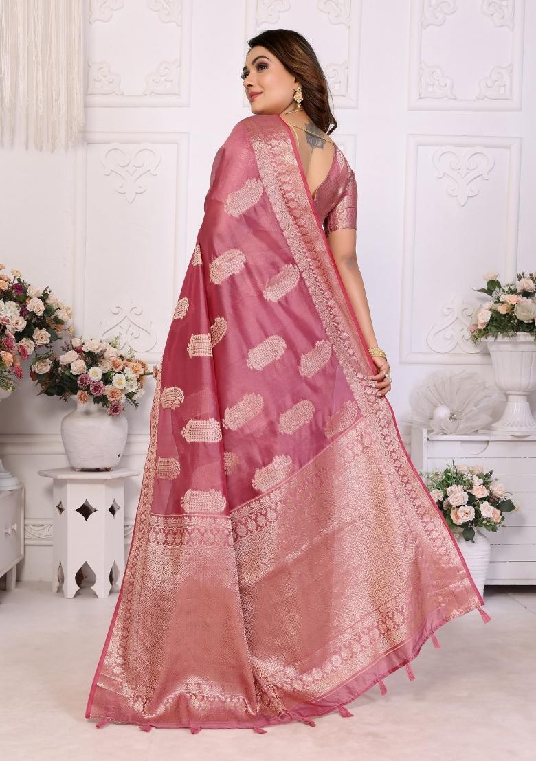 Pink Blended Organza Saree Set - Indya