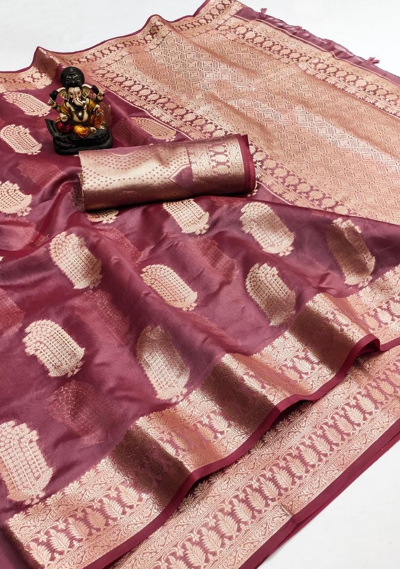 Pink Blended Organza Saree Set - Indya