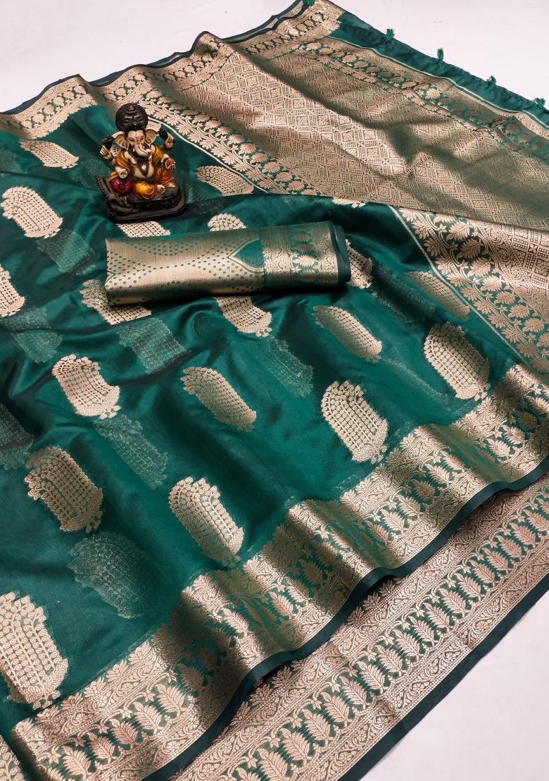 Blue Blended Organza Saree Set - Indya