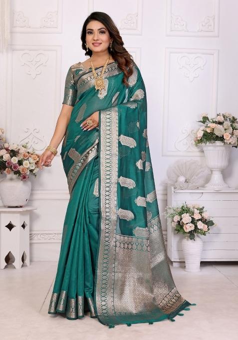Blue Blended Organza Saree Set