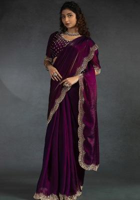 Purple Embroidery Silk Saree Set