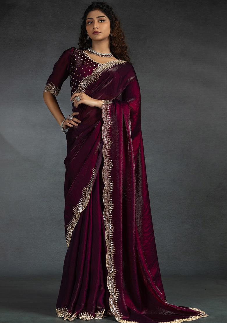 Purple Embroidery Silk Saree Set - Indya