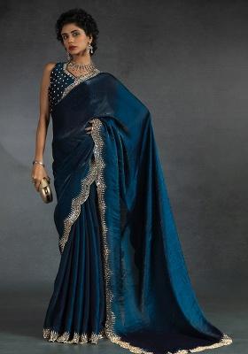 Teal Blue Embroidery Silk Saree Set