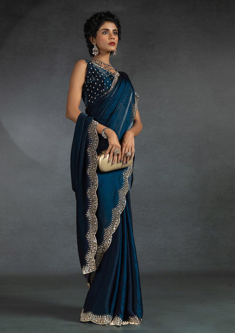 Teal Blue Embroidery Silk Saree Set - Indya