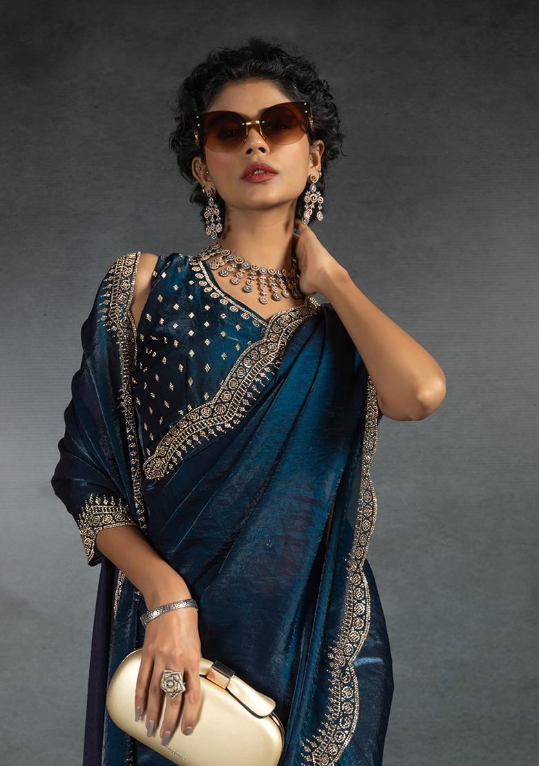Teal Blue Embroidery Silk Saree Set - Indya