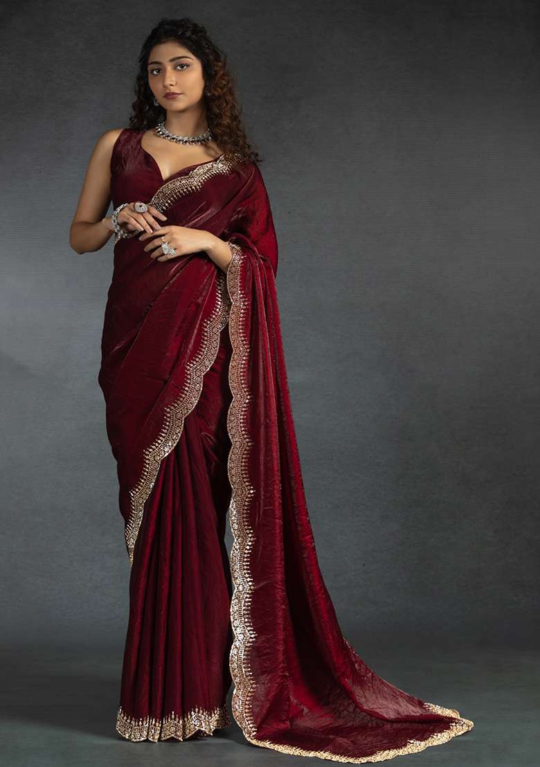 Maroon Embroidery Silk Blend Saree Set for Diwali and Festive Wear - Indya