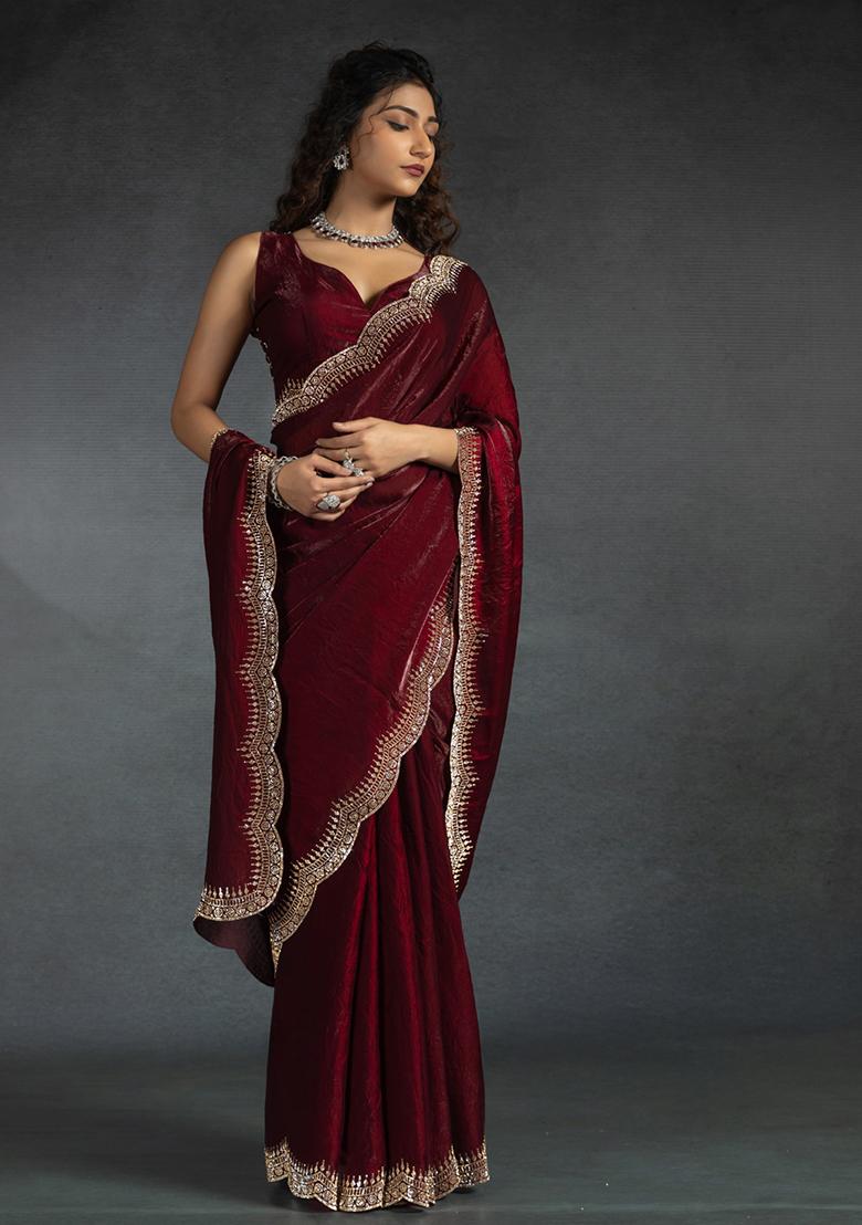 Maroon Embroidery Silk Saree Set - Indya