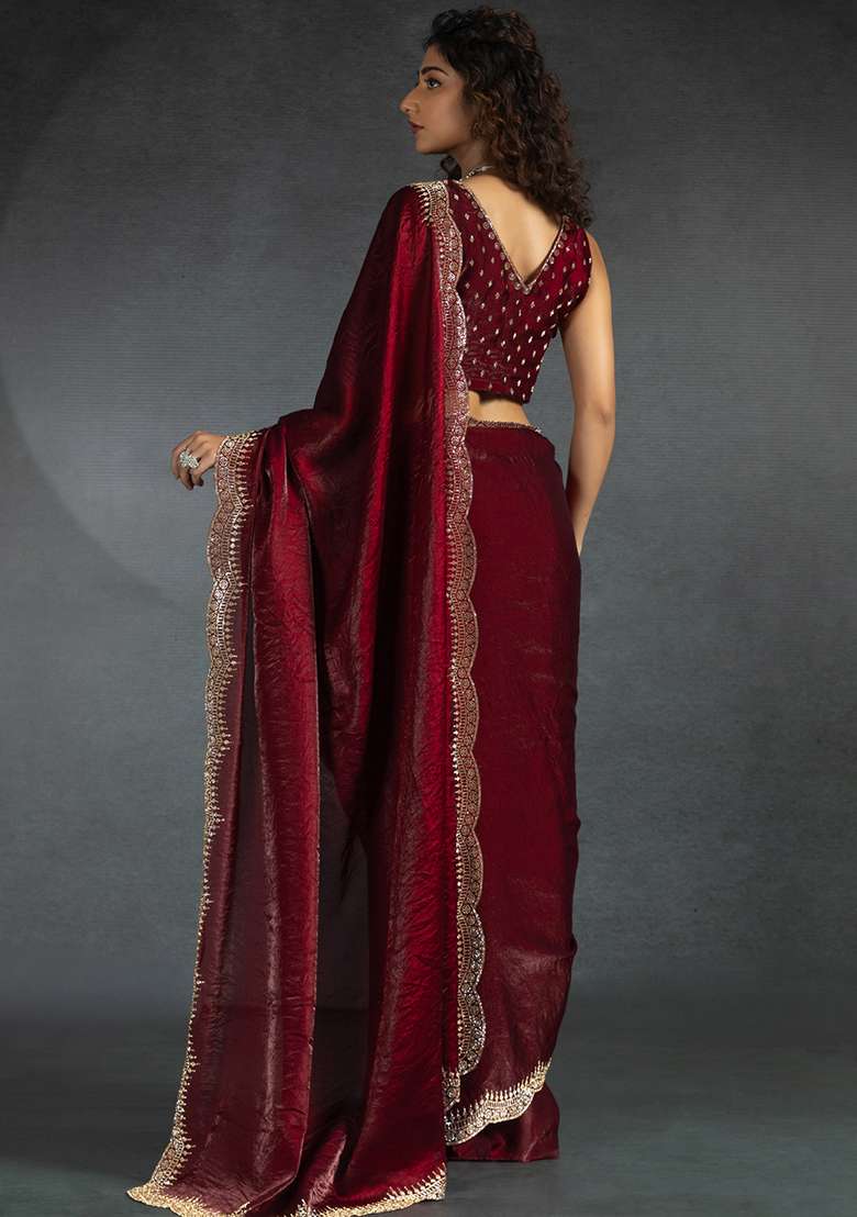 Maroon Embroidery Silk Blend Saree Set for Diwali and Festive Wear - Indya