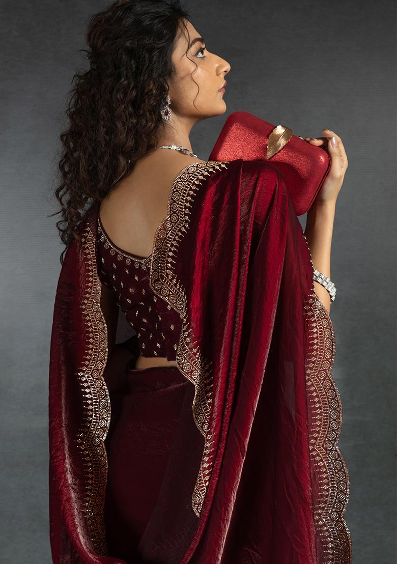 Maroon Embroidery Silk Saree Set - Indya