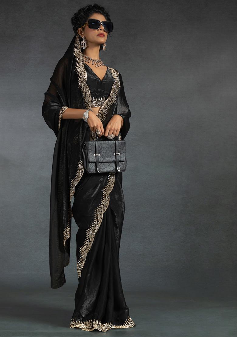 Black Embroidery Silk Saree Set - Indya