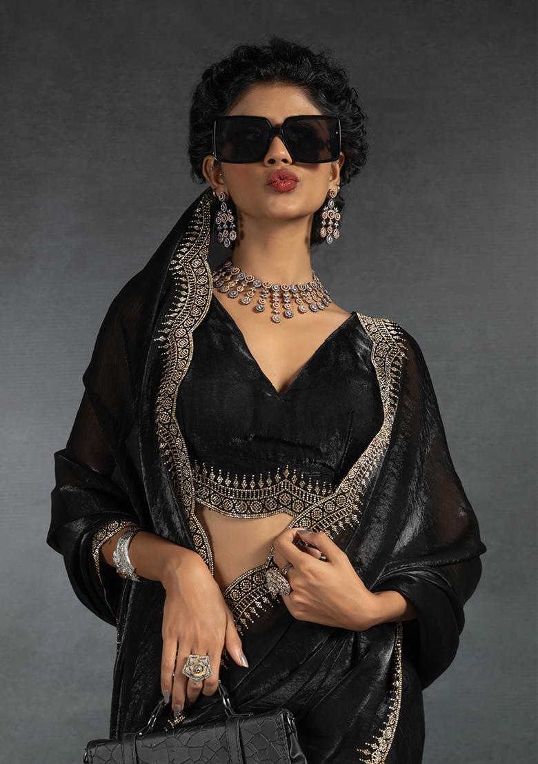 Black Embroidery Silk Saree Set - Indya