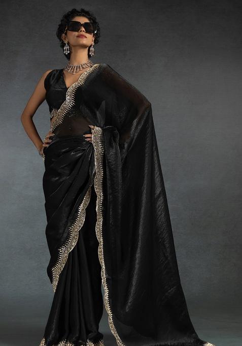 Black Embroidery Silk Saree Set