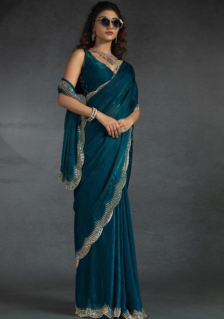 Teal Blue Embroidery Silk Saree Set - Indya