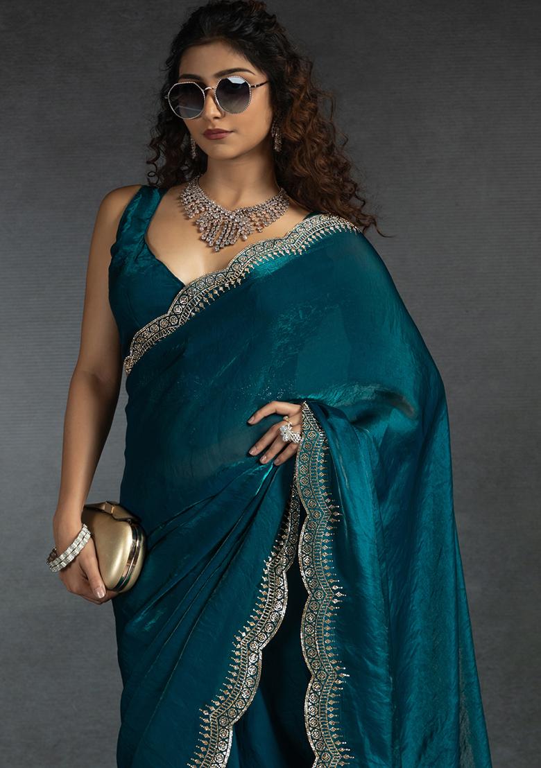 Teal Blue Embroidery Silk Saree Set - Indya