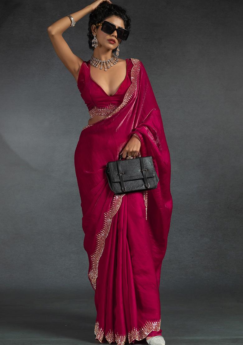 Magenta Embroidery Silk Saree Set - Indya