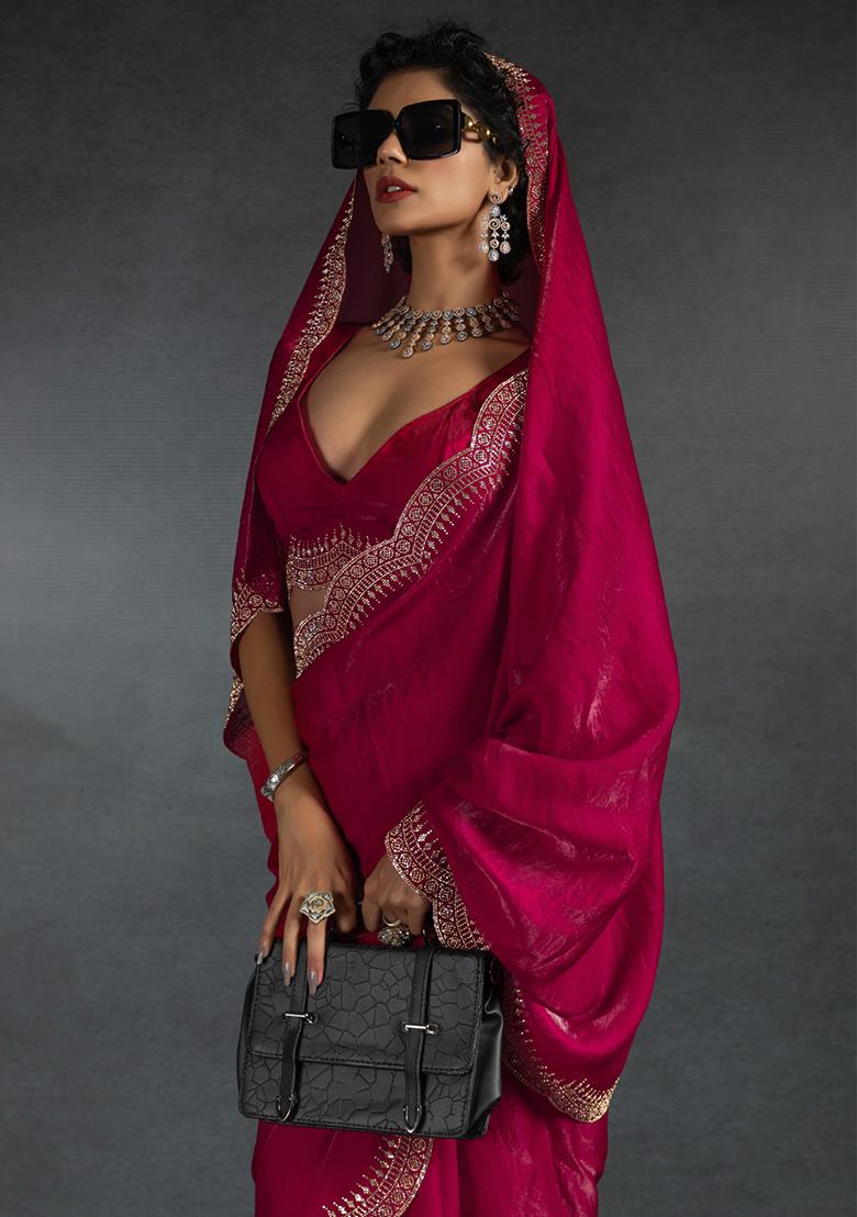 Magenta Embroidery Silk Saree Set - Indya