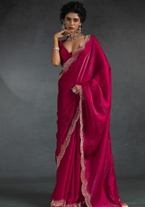 Magenta Embroidery Silk Saree Set