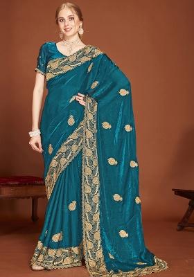 Teal Blue Sequence Work Silk Saree Set